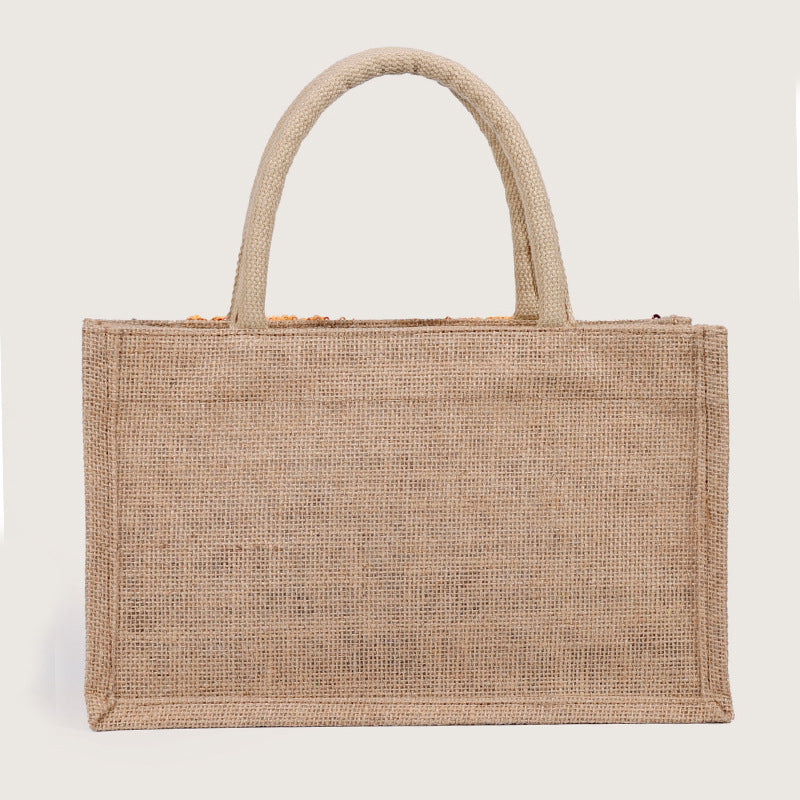 Women Sequin Embroidered Woven Tote Bag, Fashion Large Capacity Handbag