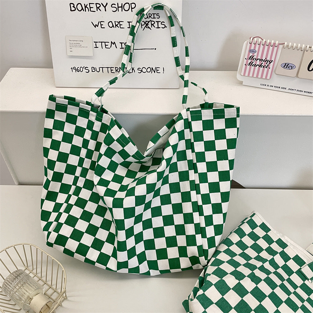 Retro Green Plaid Canvas Commuter Tote