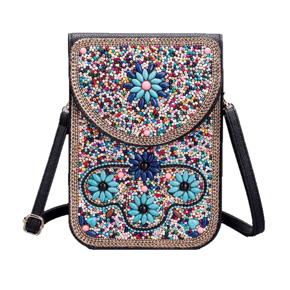 Women Ethnic Style Beaded Crossbody Bag, Handmade Turquoise Red Phone Bag