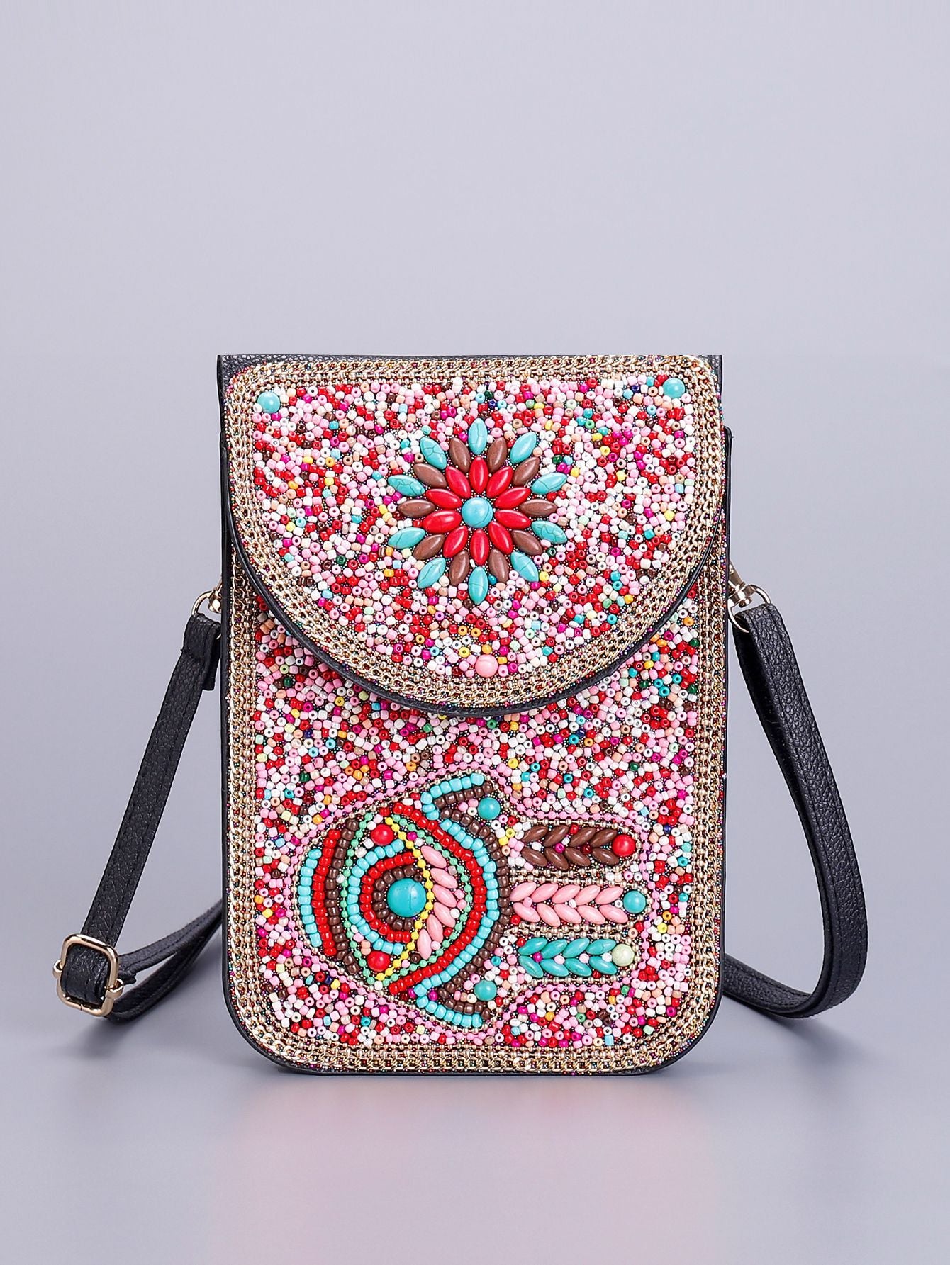 Women Ethnic Style Beaded Crossbody Bag, Handmade Turquoise Red Phone Bag