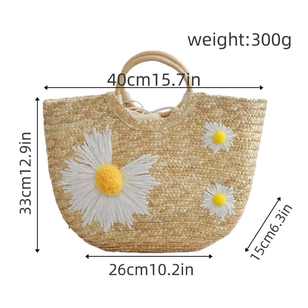 Small Daisy Straw Wooden Ring Woven Beach Bag