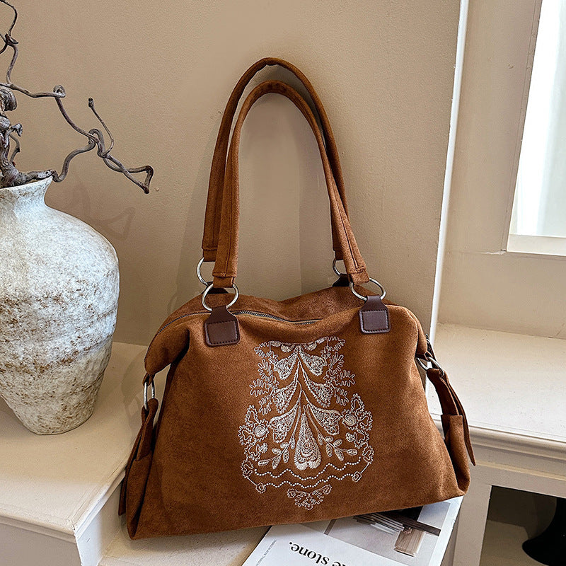 Vintage Embroidered Suede Shoulder Tote Bag