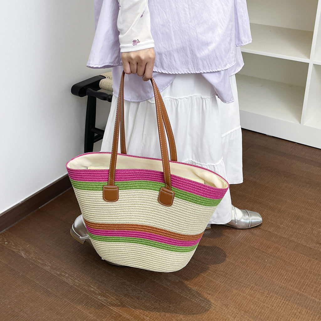 Color-Block Striped Large Capacity Straw Beach Tote
