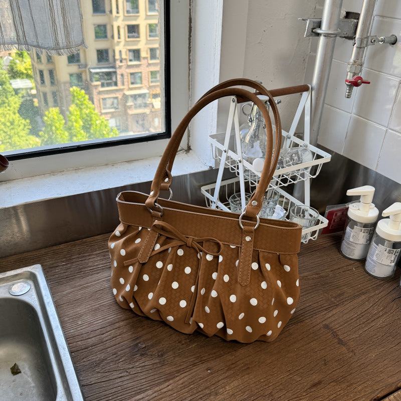 Polka Dot Ruched Shoulder Bag with Bow Detail