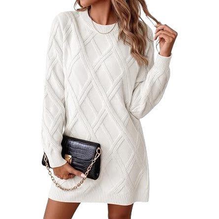 2026 European and American-Style Diamond-Pattern Knit Dress for Women—New Fall/Winter Collection: Loose-Fitting Long-Sleeve Sweater Dress, Fashionable Short Dress