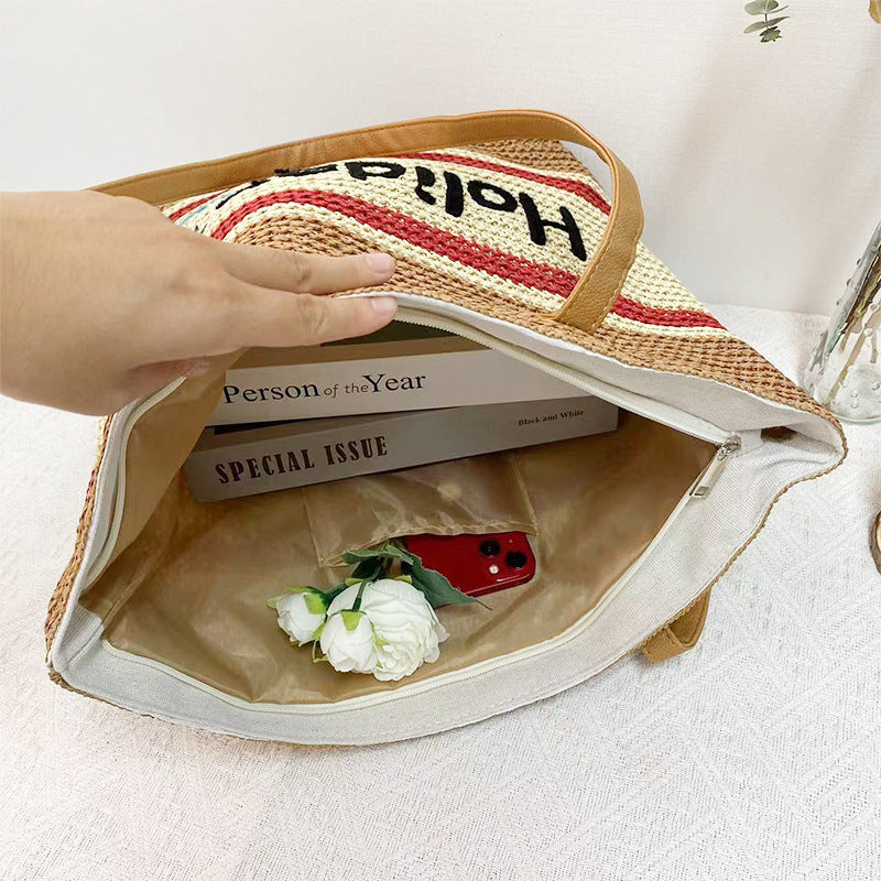 Striped Contrast Letter Embroidery Woven Beach Shoulder Bag