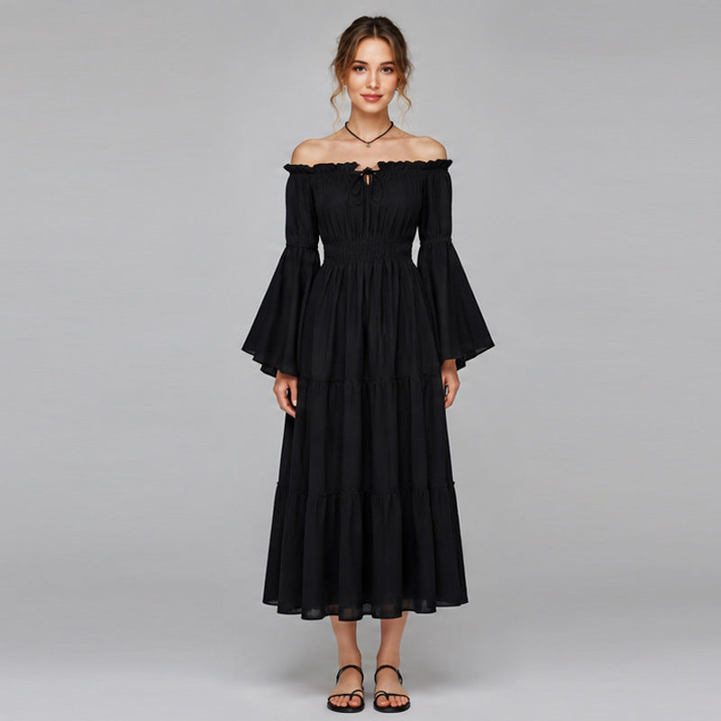Halloween Black Off-Shoulder Tiered Midi Dress with Bell Sleeves