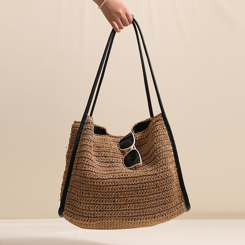 Women Large Shoulder Straw New Square Solid Woven Beach Bag