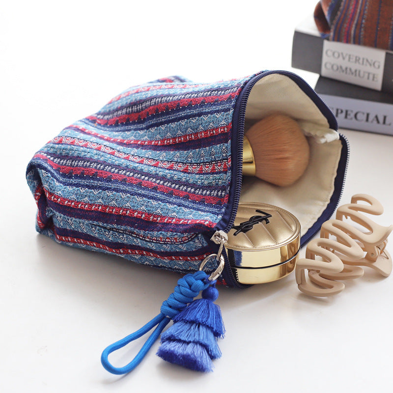 Women Colorful Stripe Tassel Handheld Ethnic Zipper Travel Pouch