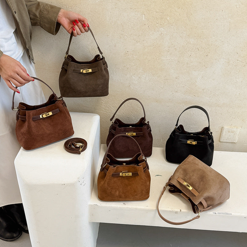 Vintage Textured Faux Suede Handbag with Metal Lock