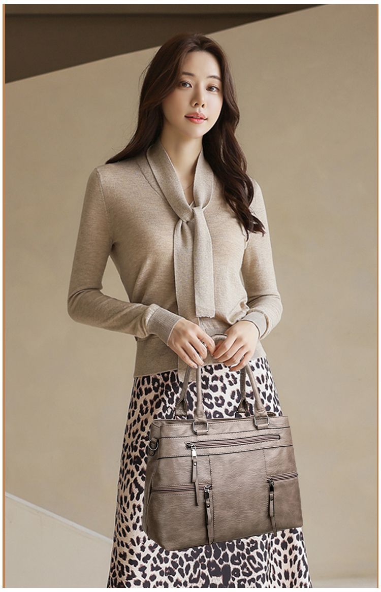 Large Vegan Leather Multi-Pocket Top Handle Satchel Bag