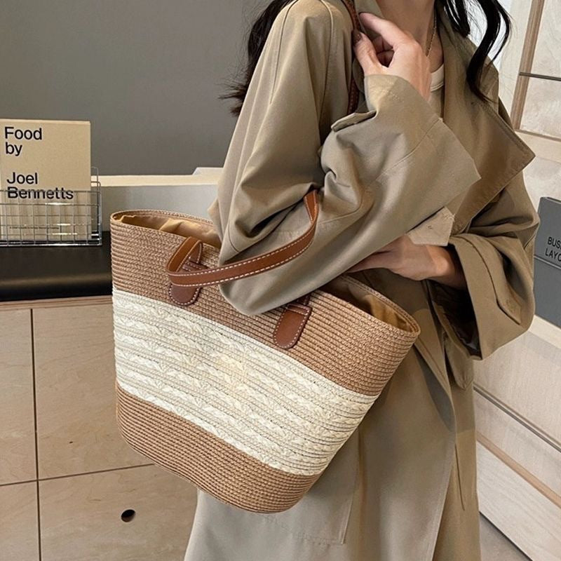 Women Straw Beach Black Stripe 2026 New Casual Summer Shoulder Tote Bag