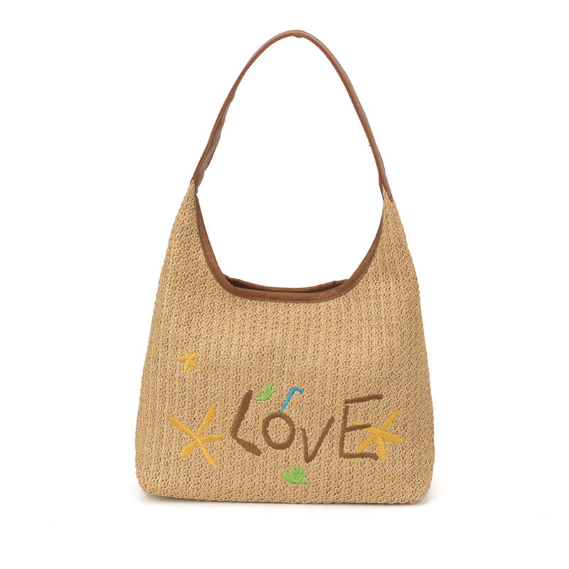 Women Korean Letter Woven Straw 2026 New Relaxed Large Beach Shoulder Tote Bag