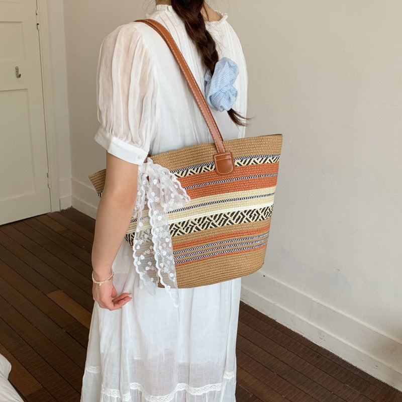Women 2026 Spring New Straw Tote Summer Large Beach Woven Shoulder Bag