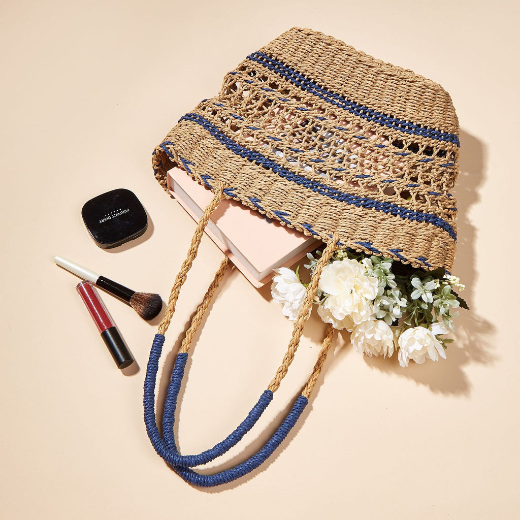 Hollow Woven Paper Rope Contrast Color Straw Bag