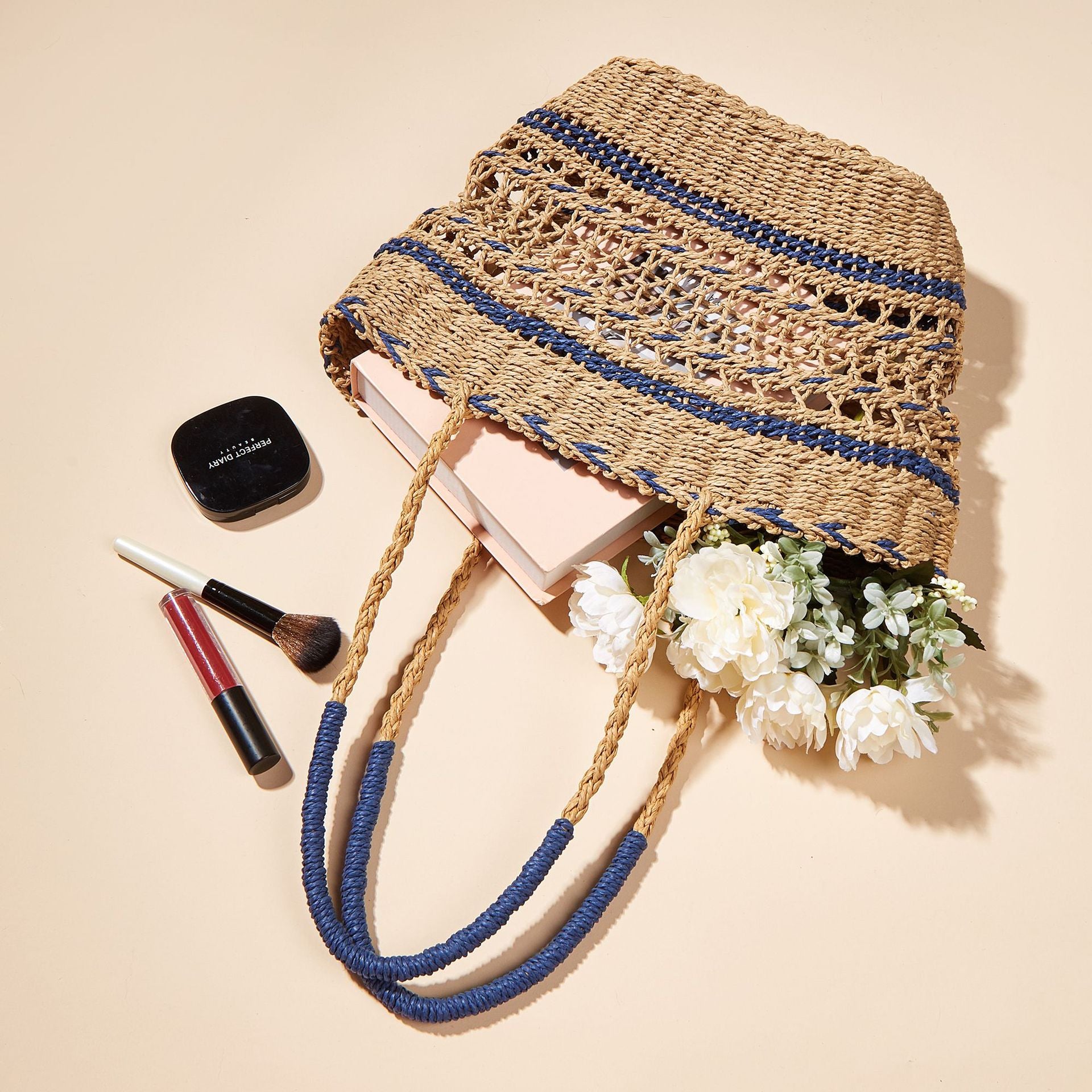 Hollow Woven Paper Rope Contrast Color Straw Bag