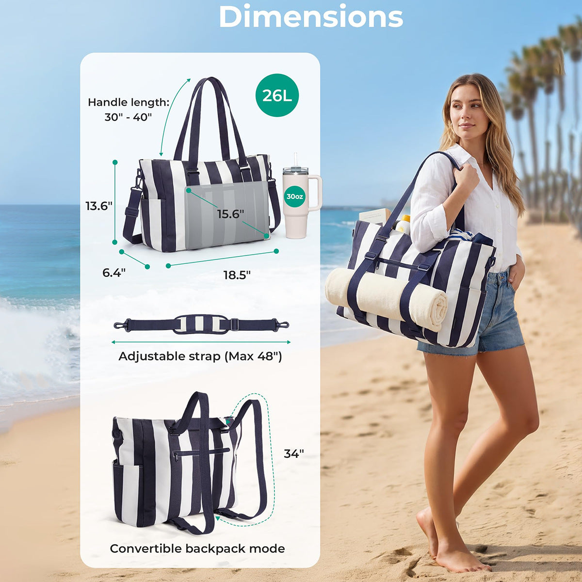 Striped Multi-Pocket Large Capacity Portable Beach Bag