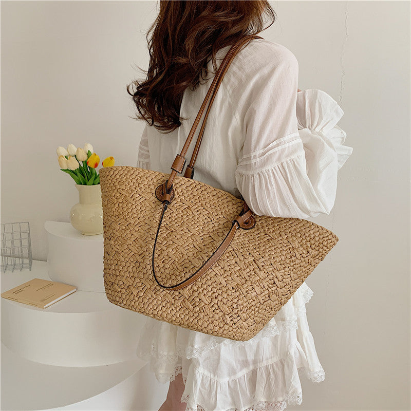 Women Straw Large Minimalist Handmade Woven Handheld Shoulder Beach Bag