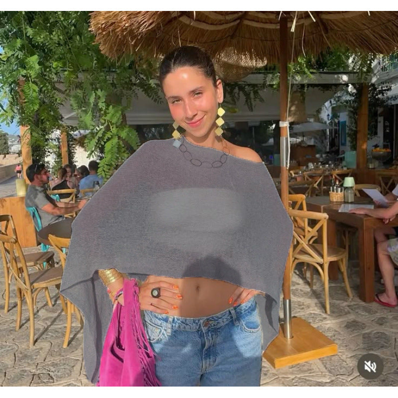 2025 Design Irregular Cape Shawl Sun Protection Shirt Women'S Season Loose Lazy Thin Ice Silk Knitted Sweater Top