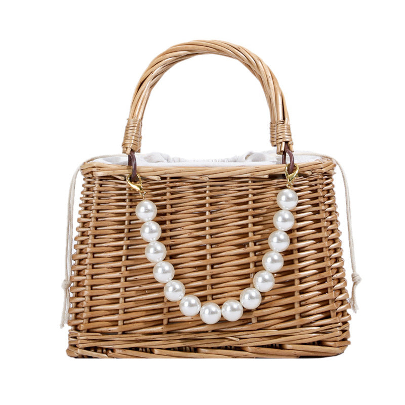 Handwoven Rattan Straw Pearl Beach Bag