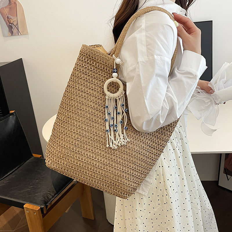 Woven Large Tote with Boho Tassel Charm