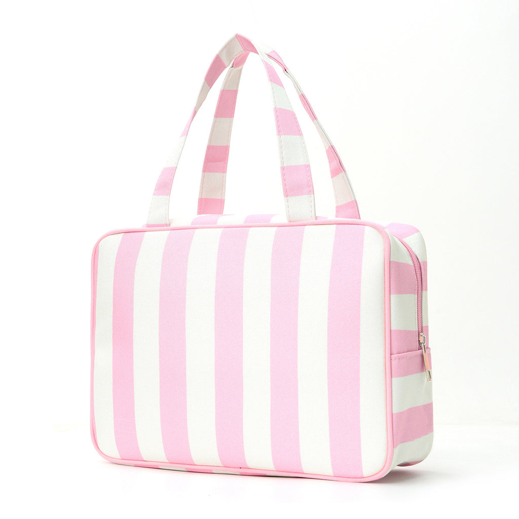 Pink White Striped Canvas Cosmetic Travel Bag