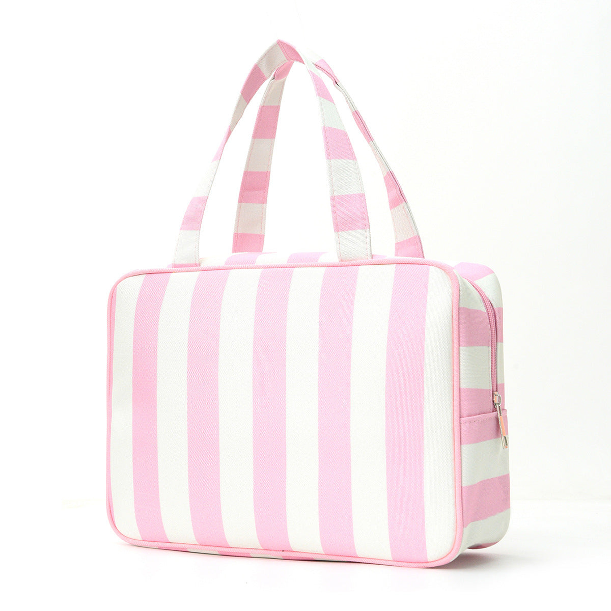 Pink White Striped Canvas Cosmetic Travel Bag
