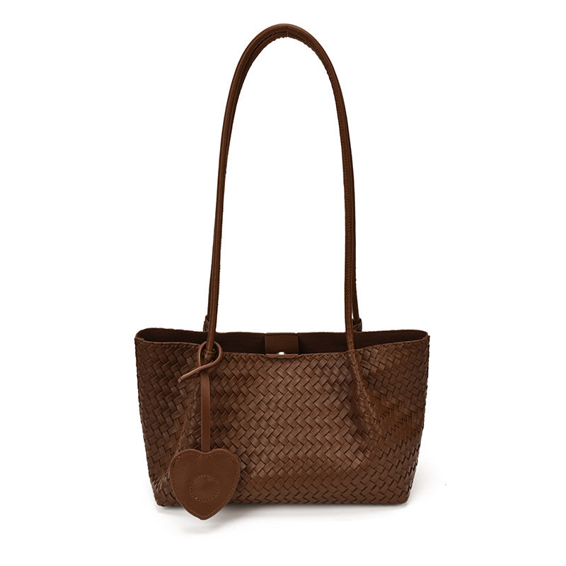 Woven PU Leather Shoulder Tote Bag with Heart Charm