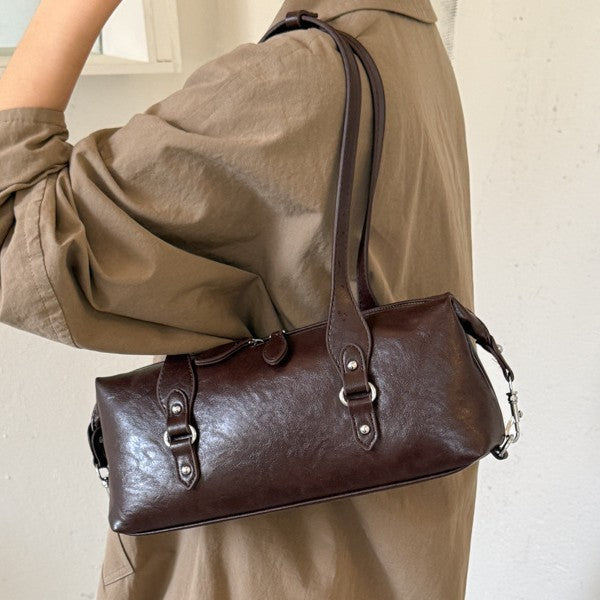 Vintage East-West Barrel Shoulder Bag with Buckle Details