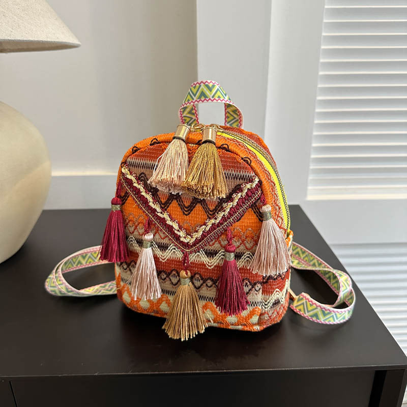 Women 2026 New Lightweight Ethnic Tassel Crossbody Travel Small Backpack