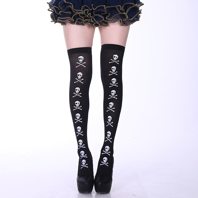 Halloween Thigh-High Socks with Bat and Haunted House Prints
