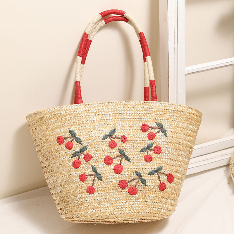 Unique Embroidered Cherry Shoulder Straw New Large Beach Bag