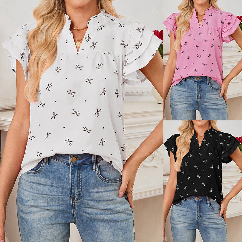 Women V-Neck Multi-Layered Ruffle Sleeves Sweet Chiffon Top
