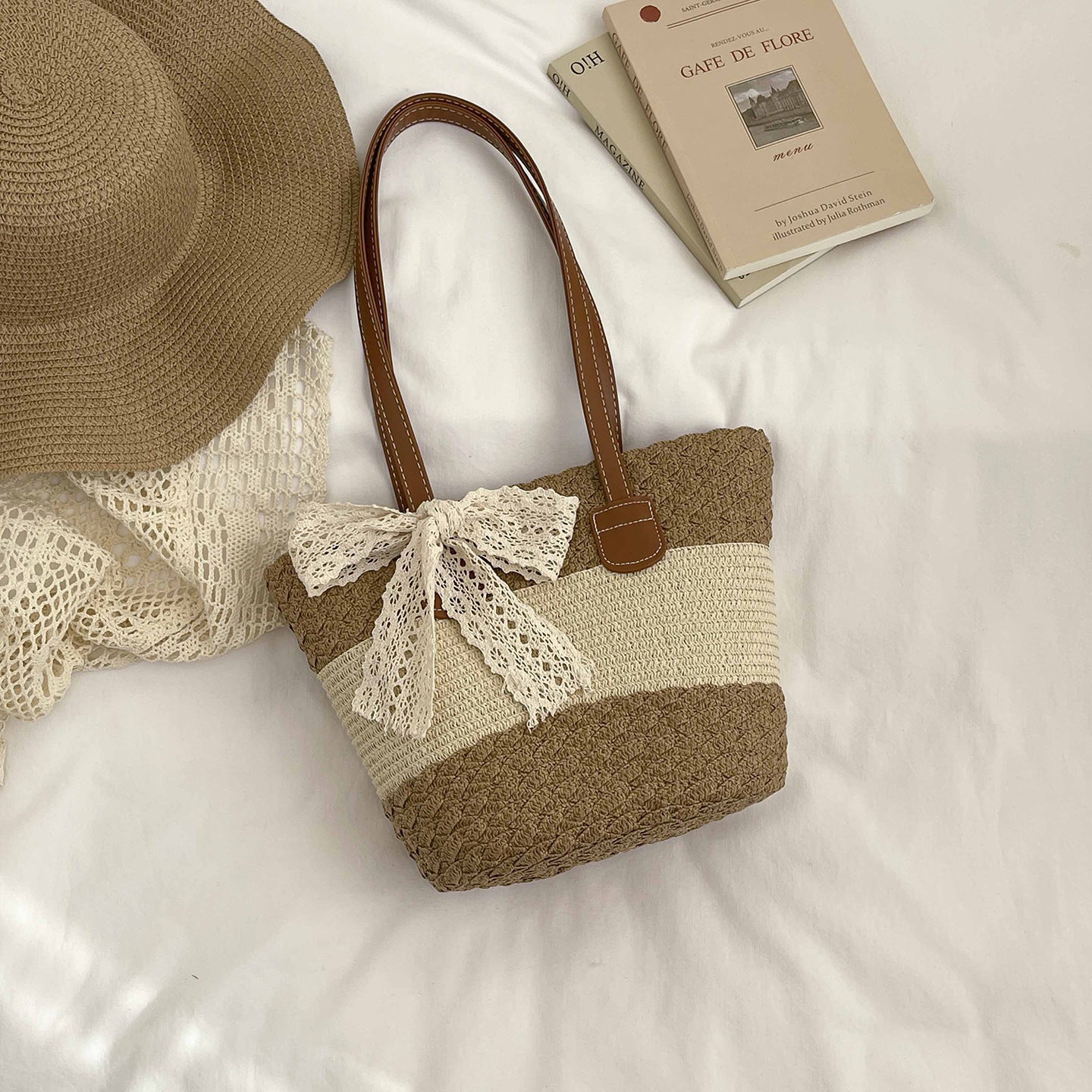 Women 2026 Spring New Woven Straw Handheld Shoulder Cotton Rope Tote Bag