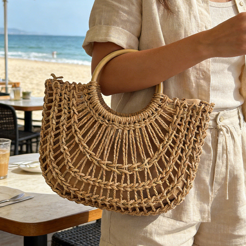 Solid Color Hand-Woven Hollow Straw Retro Beach Bag