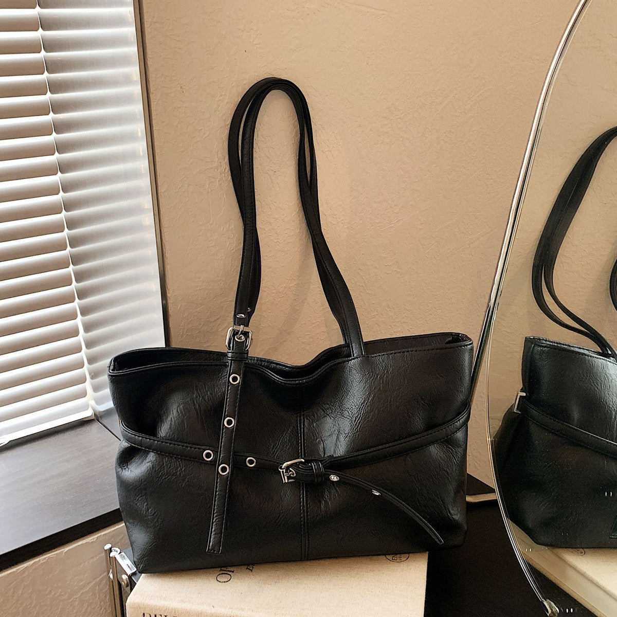 PU Leather Shoulder Tote Bag with Chic Belted Details