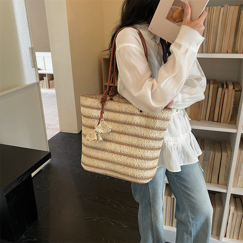 Women 2026 Spring New Casual Large Shoulder Paper Rope Striped Woven Bag