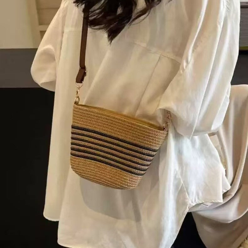 Women Striped Straw New Fresh Minimalist Woven Vacation Beach Bag