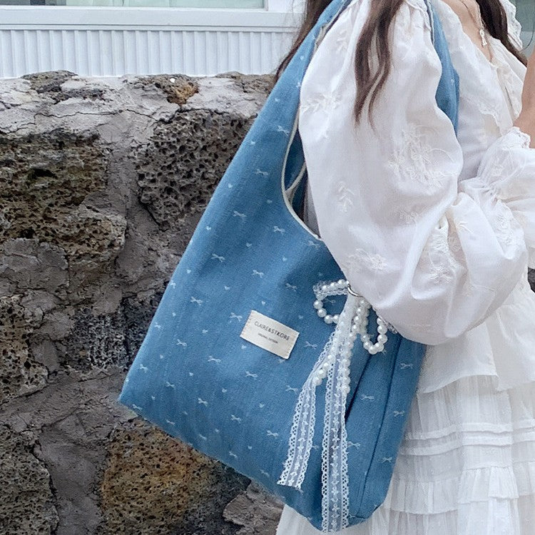 Women Bow Embroidered Large Capacity Shoulder Tote Bag