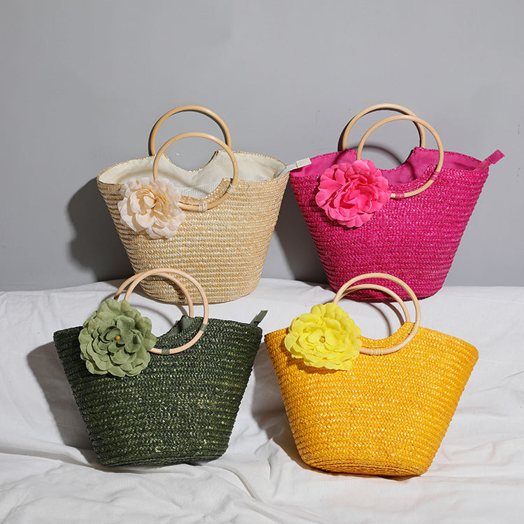 Women 2026 New Wheat Straw Woven Wooden Handle Pastoral Ins Style Handbag