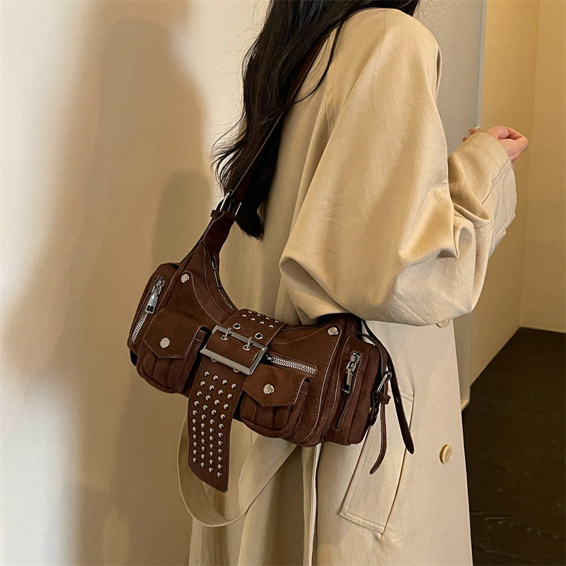 Vintage Studded Buckle Shoulder Bag with Pockets