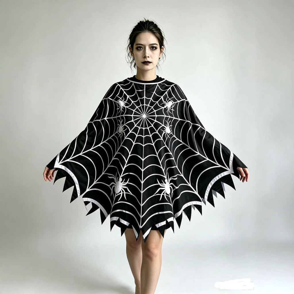 Black Gothic Spiderweb Halloween Poncho Costume