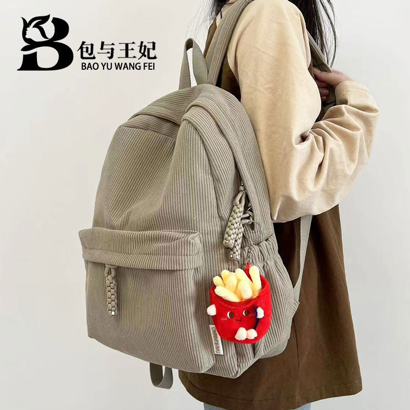 New Corduroy College Student Backpack Women'S Large Capacity School Bag Junior High School Student Solid Color Simple Travel Backpack For Men And Women