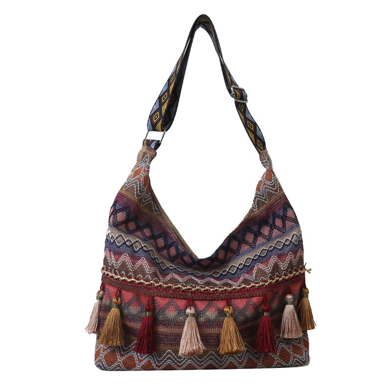 Large-Capacity Fashionable Ethnic Style Tassel Casual Bag 2026 New Versatile Canvas Shoulder Crossbody Bag Tote Bag
