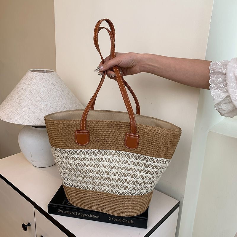 Women Straw Beach Black Stripe 2026 New Casual Summer Shoulder Tote Bag