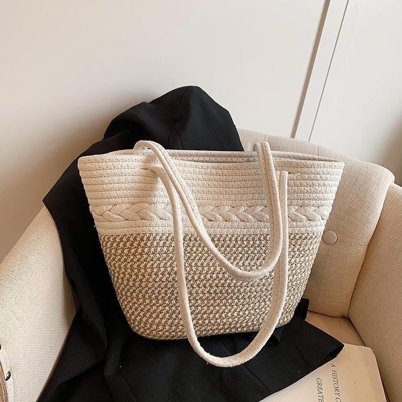 2026 New Simple Rounded Straw Woven Cotton Rope Holiday Commuter Tote Bag