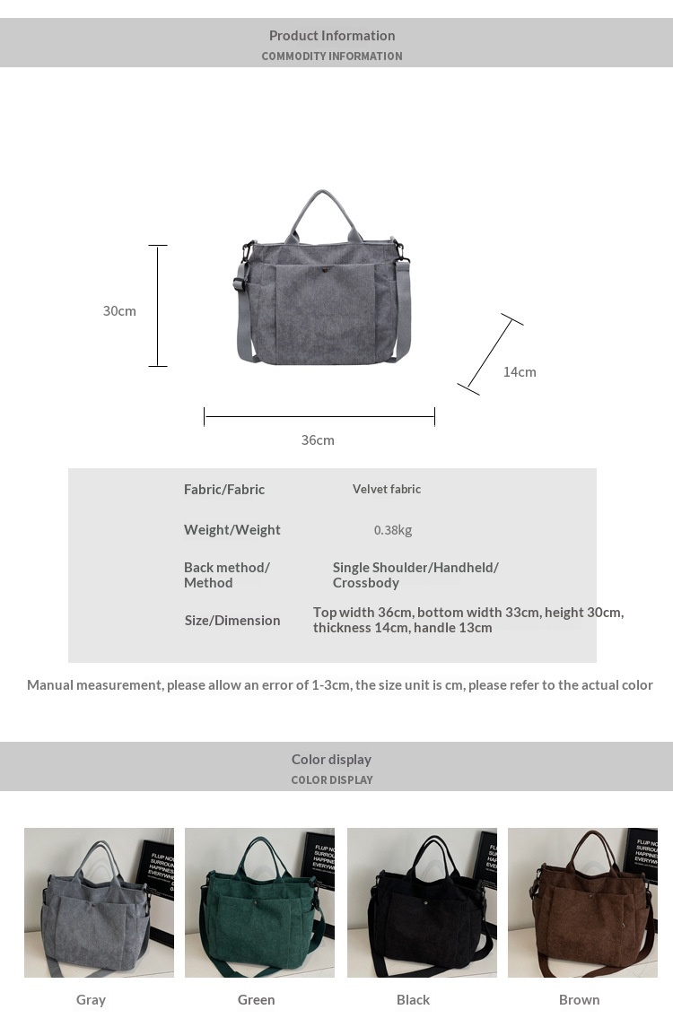 Corduroy Multi-Pocket Convertible Shoulder Tote Bag