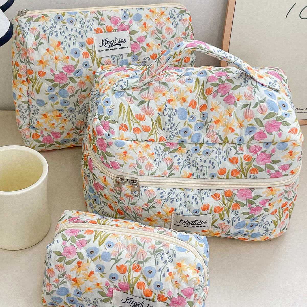 Cotton Floral Quilted Toiletry Bag