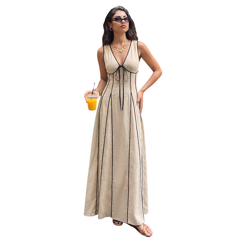 2026 Summer New Color Block V Neck Tie Sleeveless Waist Cinch Dress