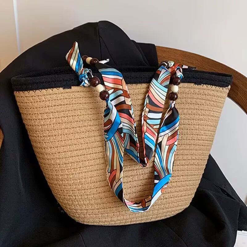 Women New Straw Woven Large Scarf Tie Shoulder Beach Bag